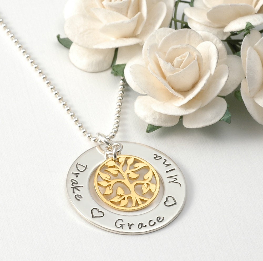 Family Tree Necklace - 1" open circle washer with gold tree charm - mixed metal mommy jewelry