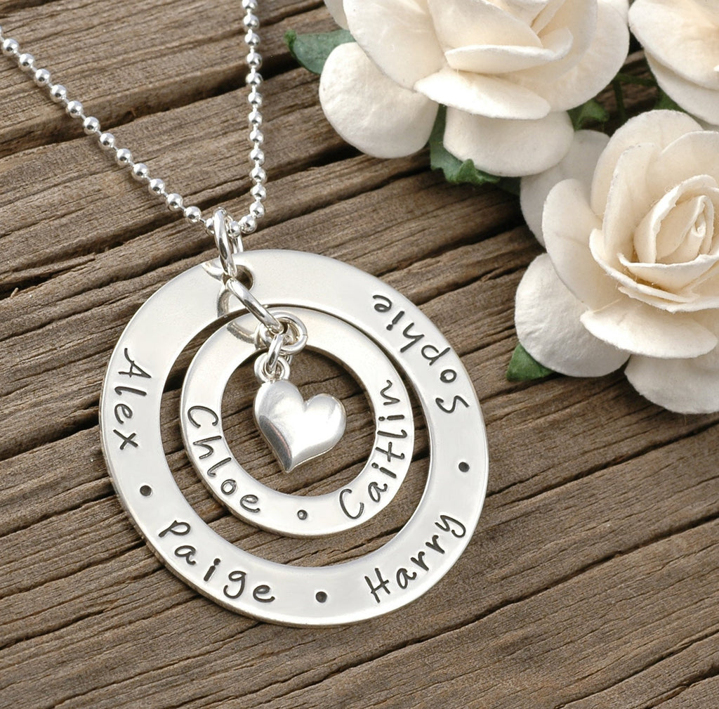 Large Family - Personalized - Double Washer Style Necklace - Heart Charm, gifts for mom - Mother's Day Jewelry